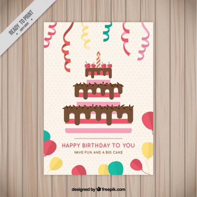 Tarjeta de pastel de cumpleaños con serpentina y globos
