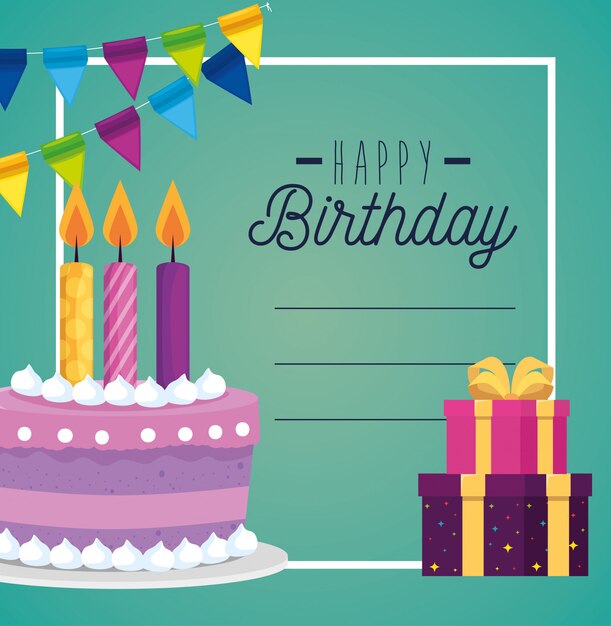 Tarjeta y pastel con vela y presenta decoración de regalos