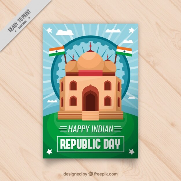 Vector gratuito tarjeta plana del día de la república india con banderas y monumento
