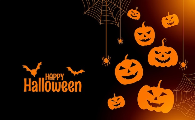 Vector gratuito tarjeta plana feliz halloween con calabazas y arañas