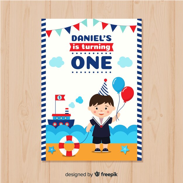 Tarjeta de primer cumpleaños con temática marinera