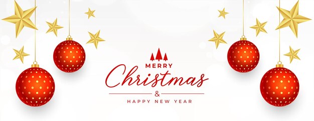 Tarjeta realista de feliz navidad y año nuevo con decoración de bolas y estrellas