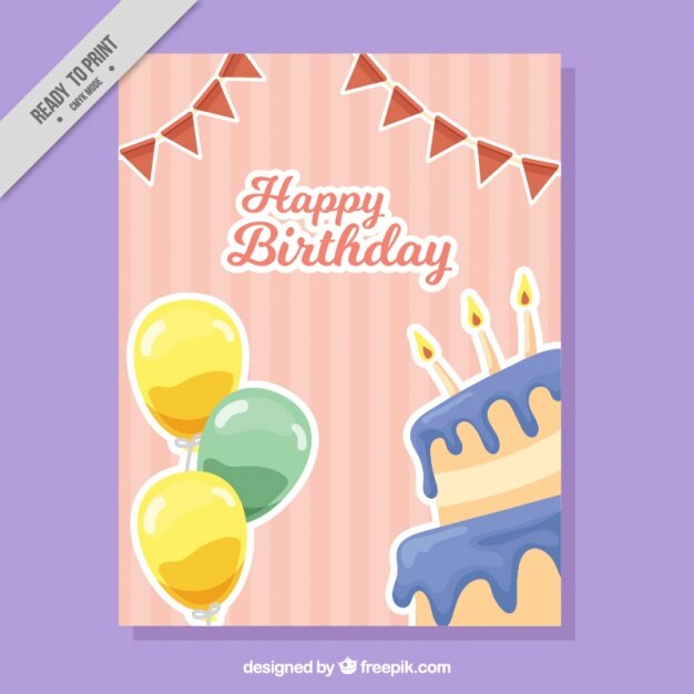 Tarjeta retro de feliz cumpleaños con tarta y globos 