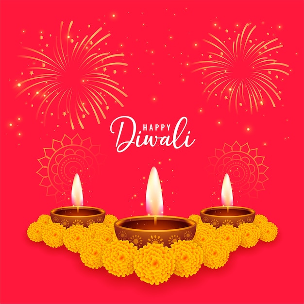 Tarjeta roja de deseos feliz diwali con flor de caléndula