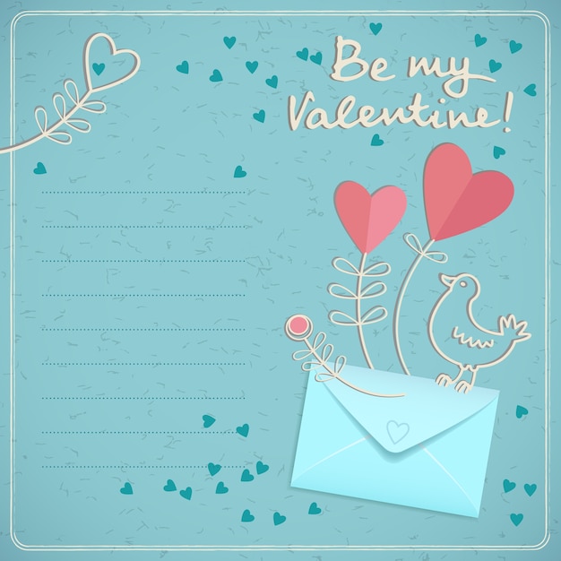 Vector gratuito tarjeta romántica del día de san valentín con corazones de colores de pájaro envolvente y campo de texto en estilo doodle sobre fondo azul ilustración vectorial