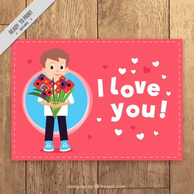 Vector gratuito tarjeta romántica con hombre sujetando un ramo de flores