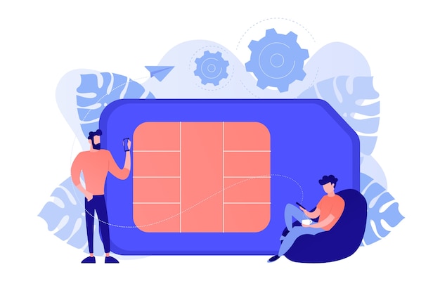 Vector gratuito tarjeta de teléfono sim móvil y usuarios con teléfonos inteligentes. red de telefonía móvil, tarjeta de plástico de teléfono inteligente y microchip, concepto de comunicación de teléfono celular inalámbrico. vector ilustración aislada.