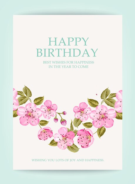 Tarjeta de texto de feliz cumpleaños con flores rosas románticas sobre fondo gris Plantilla de tarjeta de vacaciones para su diseño Ilustración vectorial