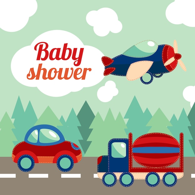 Tarjeta de transporte de juguetes para baby shower.