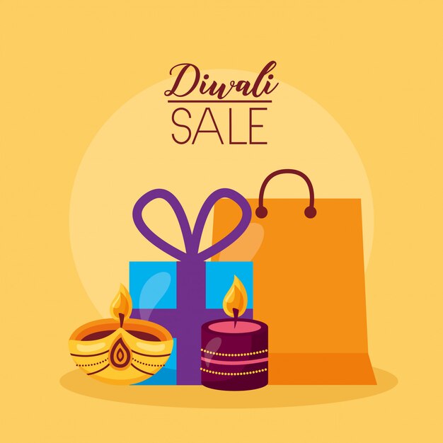 Tarjeta de venta de Diwali con regalos y velas