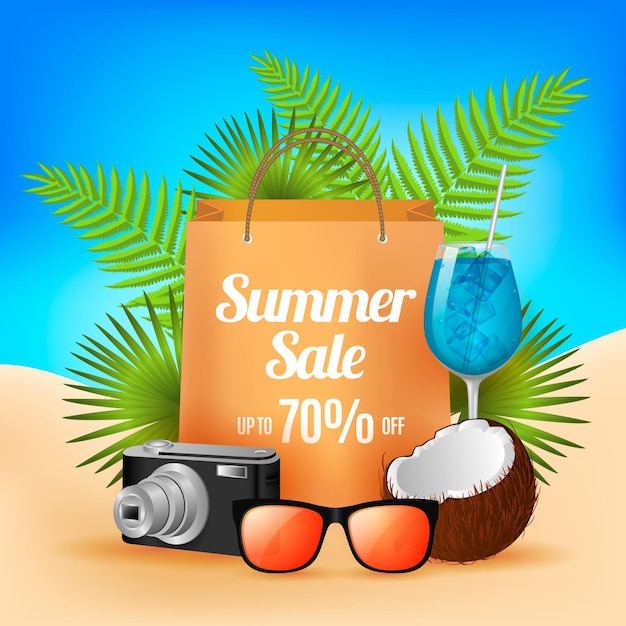 Vector gratuito tarjeta de venta de verano realista con elementos de vacaciones