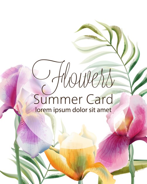 Tarjeta de verano de flores con lugar para el texto. Iris flores y hojas tropicales
