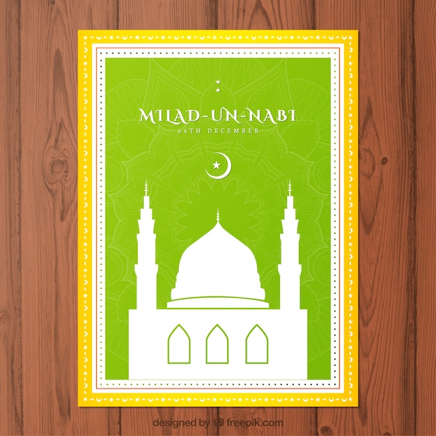 Tarjeta verde mawlid con una mezquita