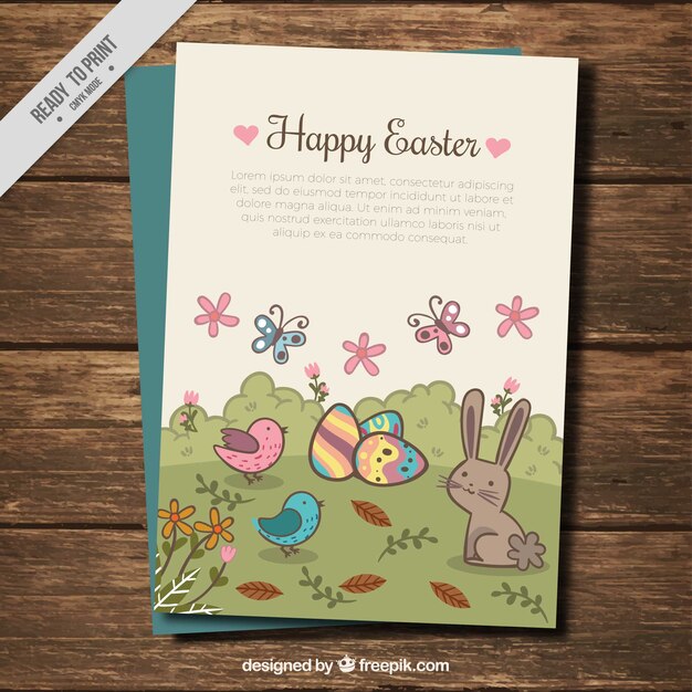 Vector gratuito tarjeta vintage del día de pascua de bonito paisaje con animales