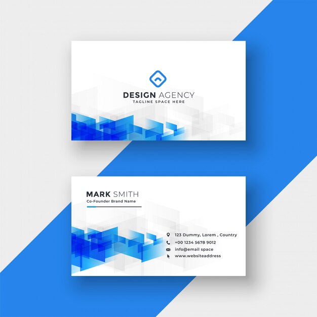 Tarjeta de visita blanca con formas abstractas azules