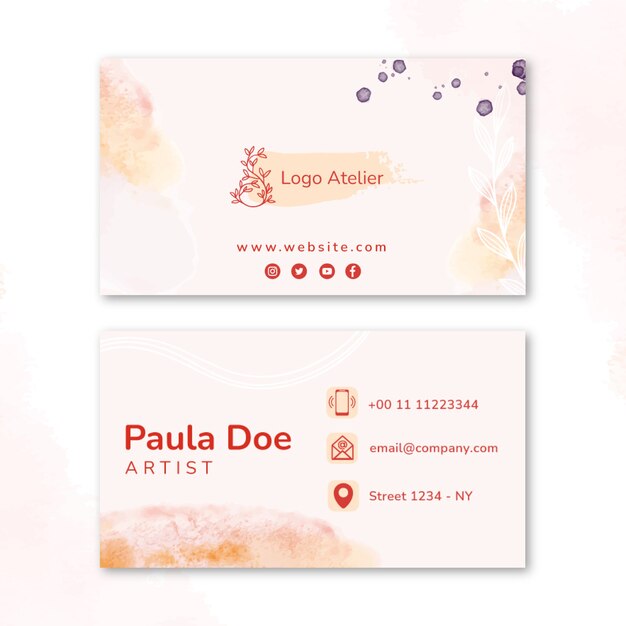 Tarjeta de visita horizontal de atelier creativo acuarela
