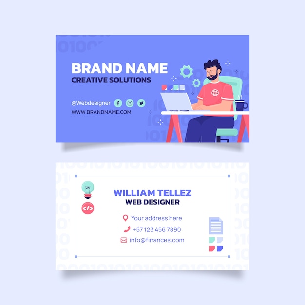 Tarjeta de visita horizontal de diseñador web de diseño plano