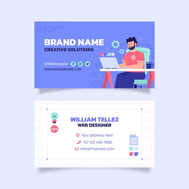 Tarjeta de visita horizontal de diseñador web de diseño plano