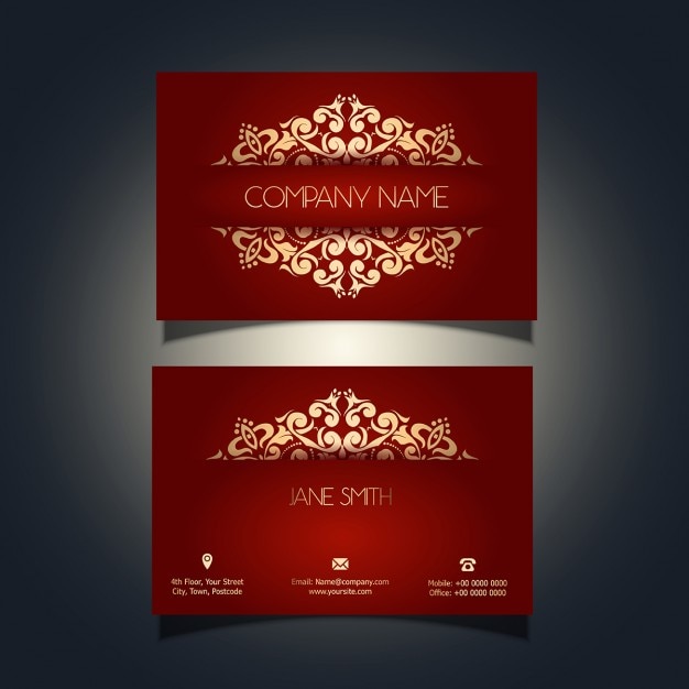 Vector gratuito tarjeta de visita de lujo en color rojo con ornamentos dorados