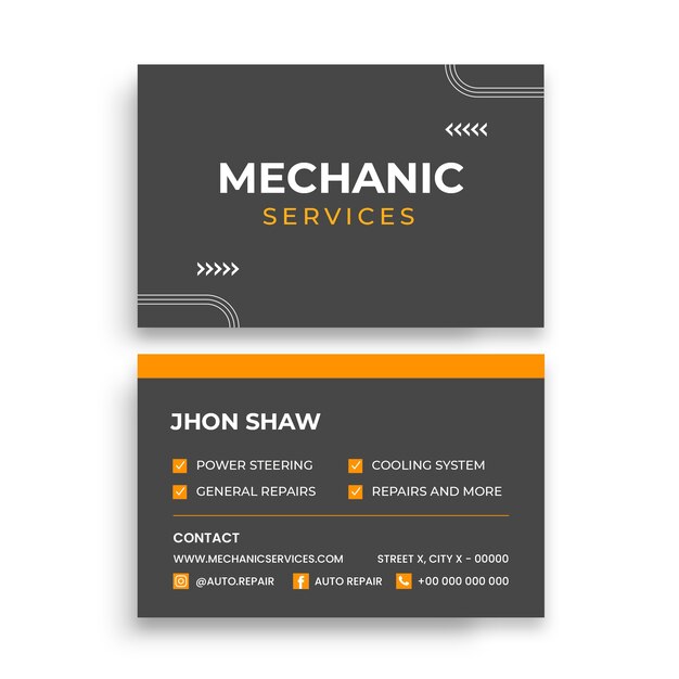 Tarjeta de visita profesional de servicios mecánicos monocolor.