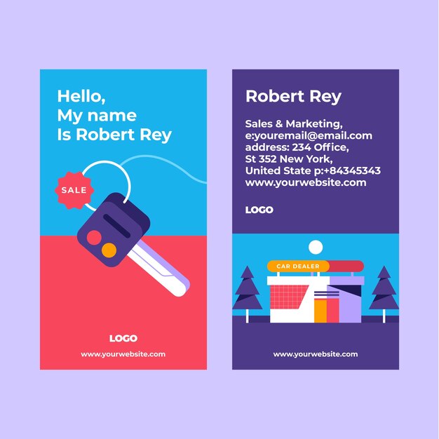 Tarjeta de visita vertical de concesionario de automóviles de diseño plano