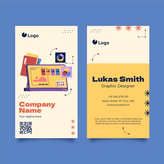 Tarjeta de visita vertical de diseñador gráfico de diseño plano.