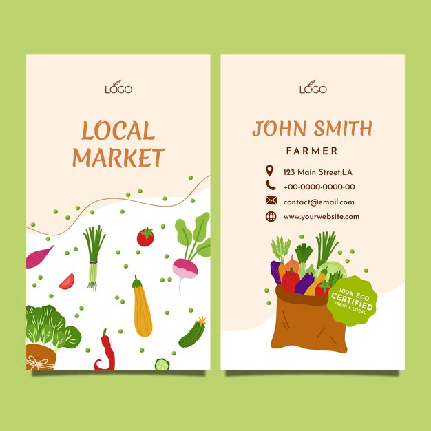 Tarjeta de visita vertical del mercado local dibujada a mano