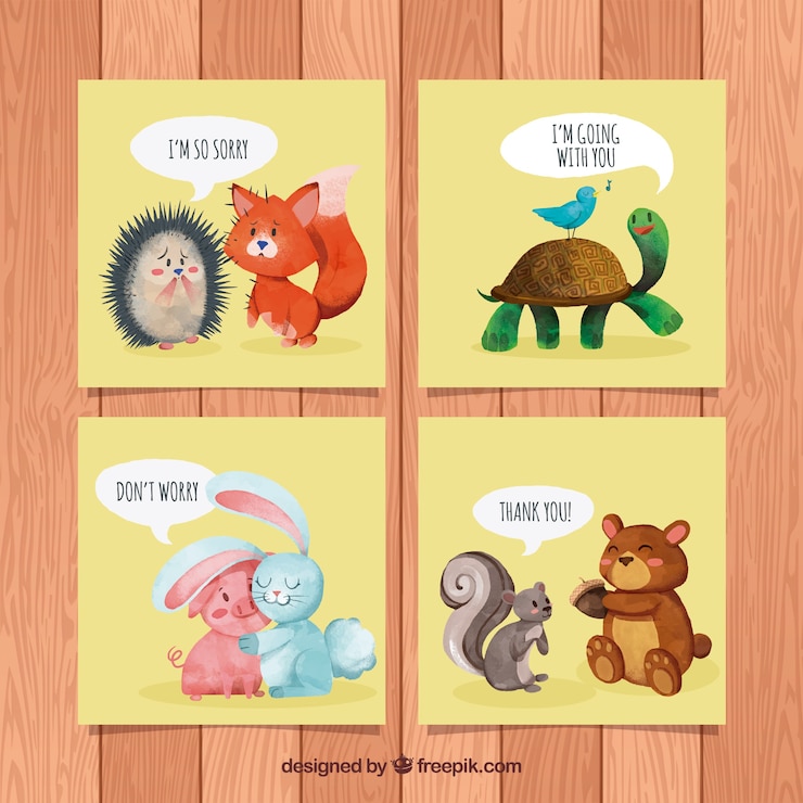 Vector gratuito tarjetas en acuarela con amistad entre animales