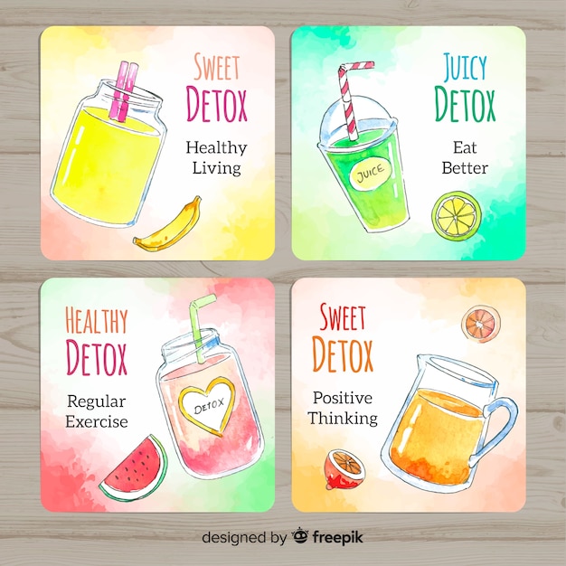 Tarjetas acuarela zumo frutas detox