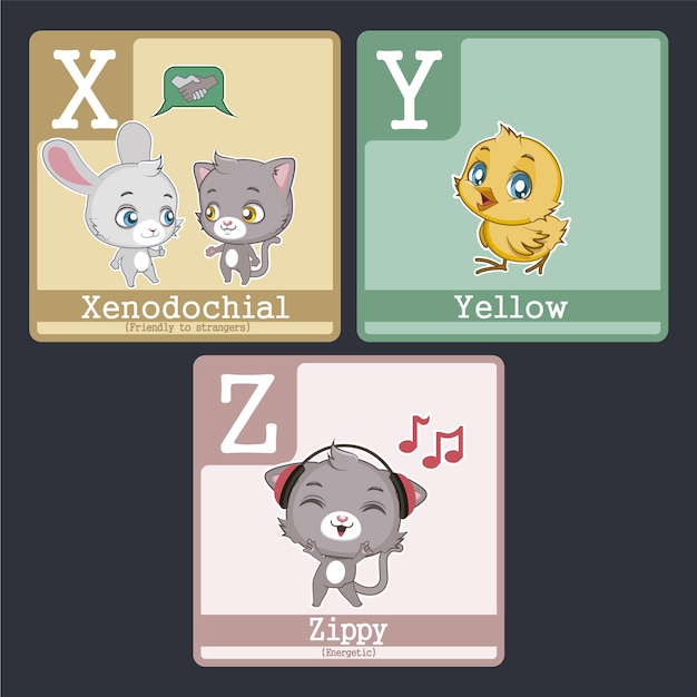 Tarjetas del alfabeto con diseño de animales de la x a la z