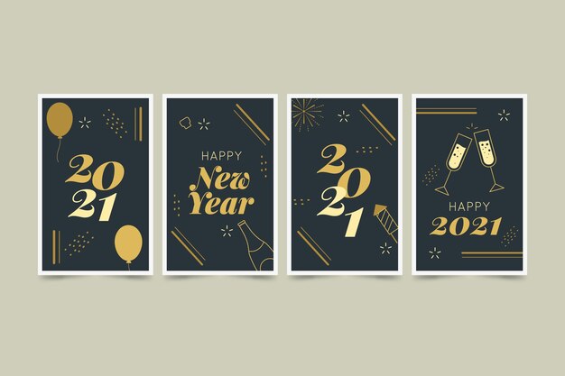 Tarjetas de año nuevo 2021 en diseño plano.
