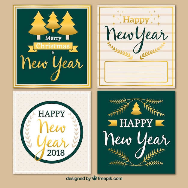 Tarjetas de año nuevo en verde y dorado