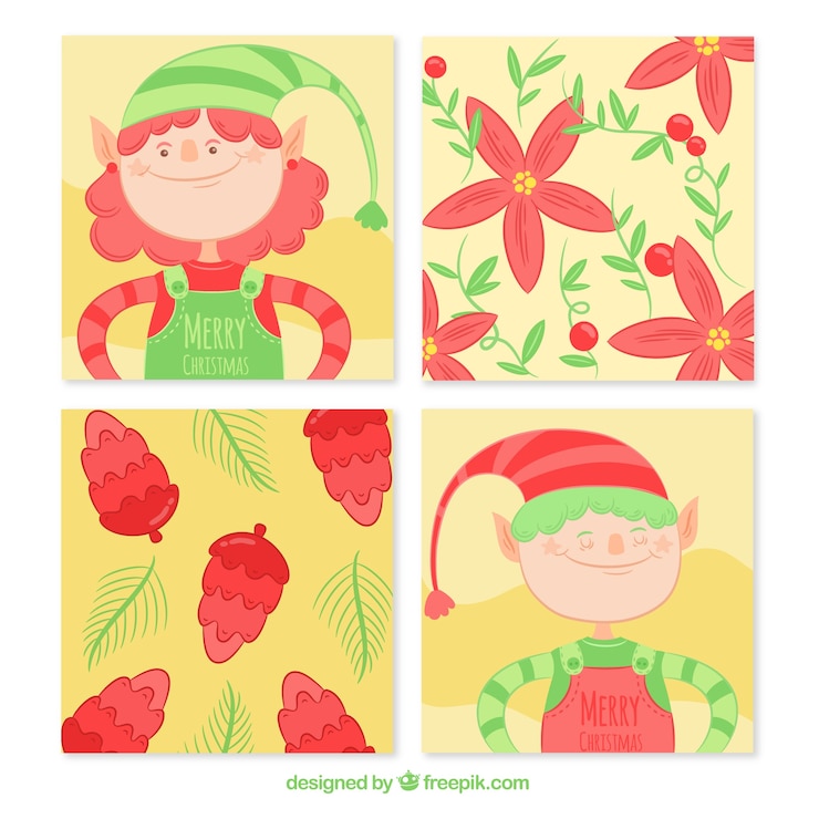 Vector gratuito tarjetas bonitas de elfos de navidad dibujados a mano