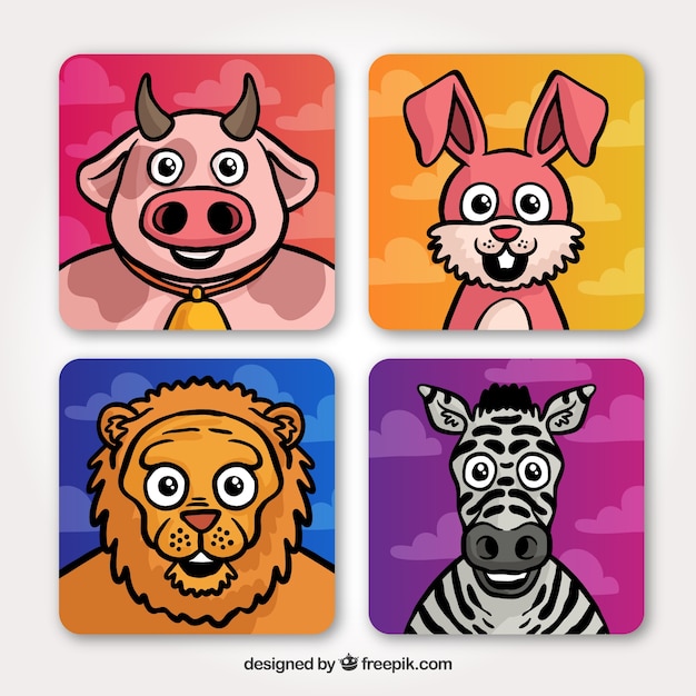 Vector gratuito tarjetas con caras de animales sonrientes