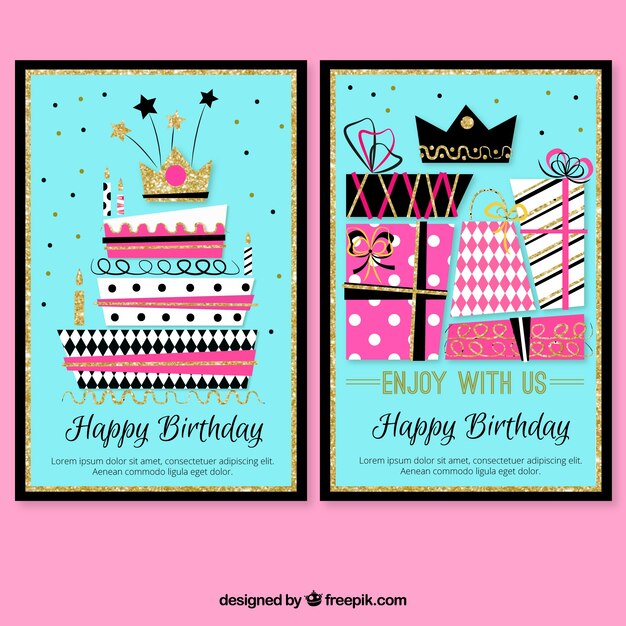 Tarjetas coloridas de cumpleaños con tarta y regalos 