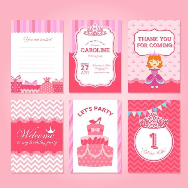 Vector gratuito tarjetas de cumpleaños rosas con princesas