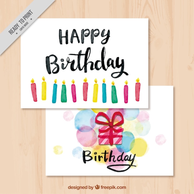 Tarjetas de cumpleaños con velas y globos de acuarela 