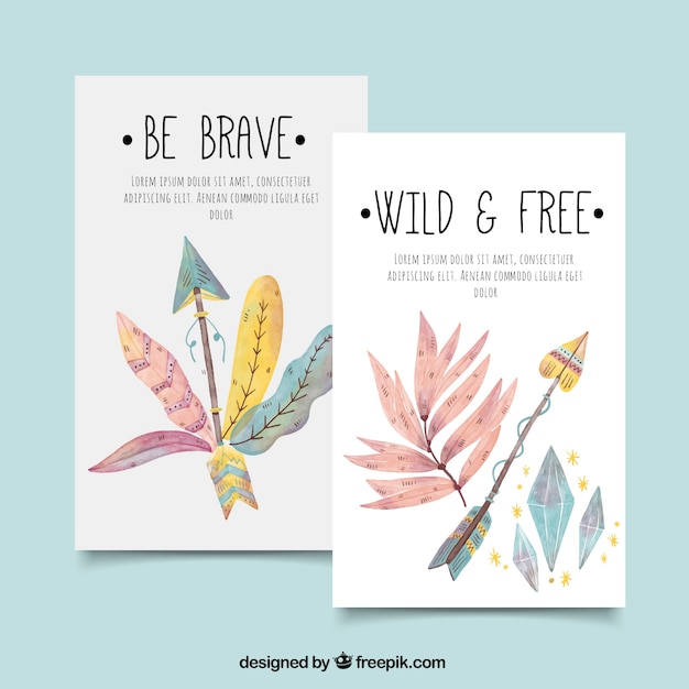 Vector gratuito tarjetas decorativas con elementos de acuarela en estilo boho