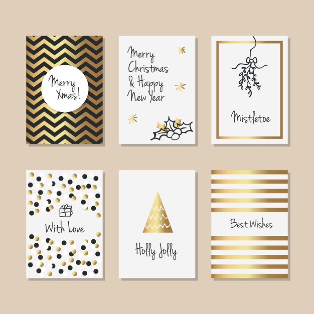 Tarjetas doradas navideñas en estilo dibujado a mano