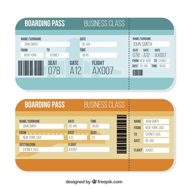 Tarjetas de embarque en tonos azules y naranjas