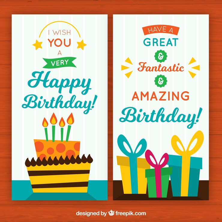 Vector gratuito tarjetas de felicitación bonitas con tarta de cumpleaños y regalos