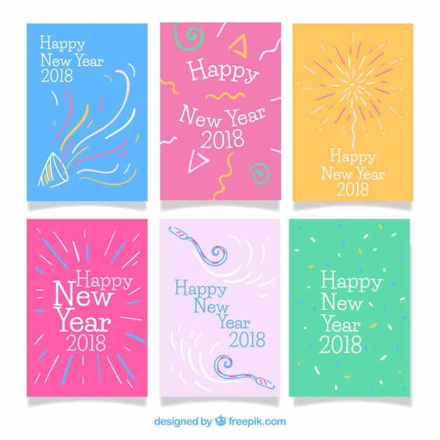 Tarjetas de felicitación coloridas para año nuevo 2018