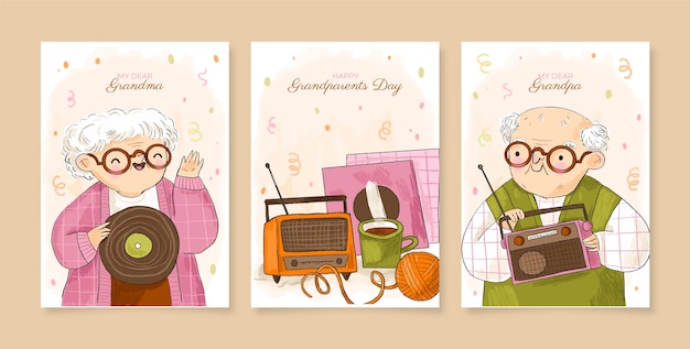 Tarjetas de felicitación del día de los abuelos dibujadas a mano con abuela