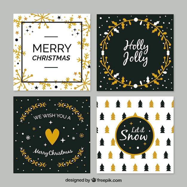 Tarjetas de felicitación navideñas negras y doradas