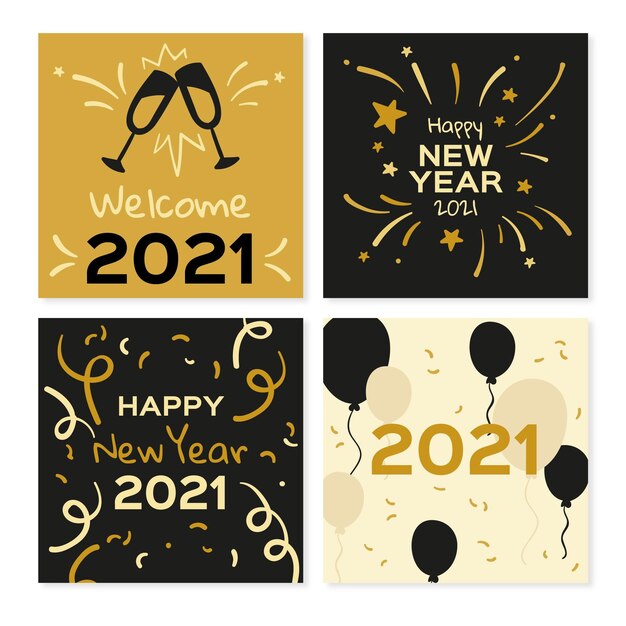 Tarjetas de feliz año nuevo 2021 con globos y fuegos artificiales