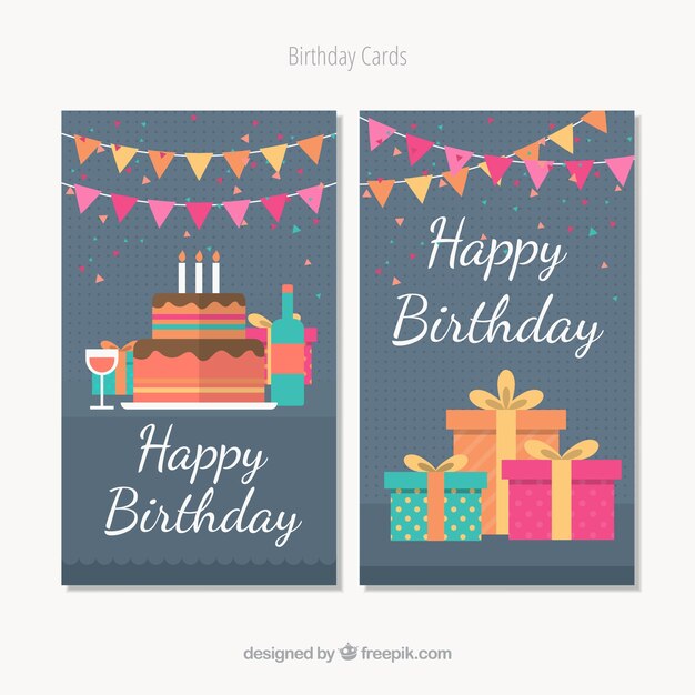 Tarjetas feliz cumpleaños en diseño plano