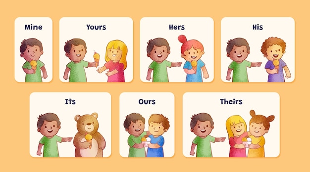 Vector gratuito tarjetas flash de pronombres de sujeto dibujadas a mano