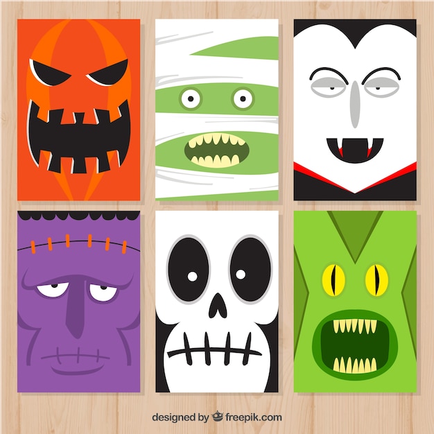Vector gratuito tarjetas de halloween con monstruos graciosos