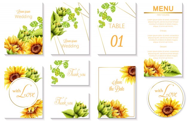 Tarjetas de invitación de boda de primavera acuarela con alcachofa verde y girasol