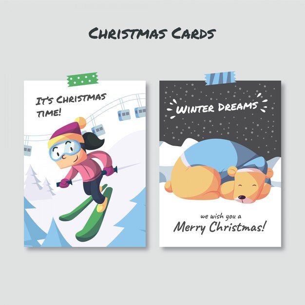 Tarjetas navideñas con personajes dibujados a mano.